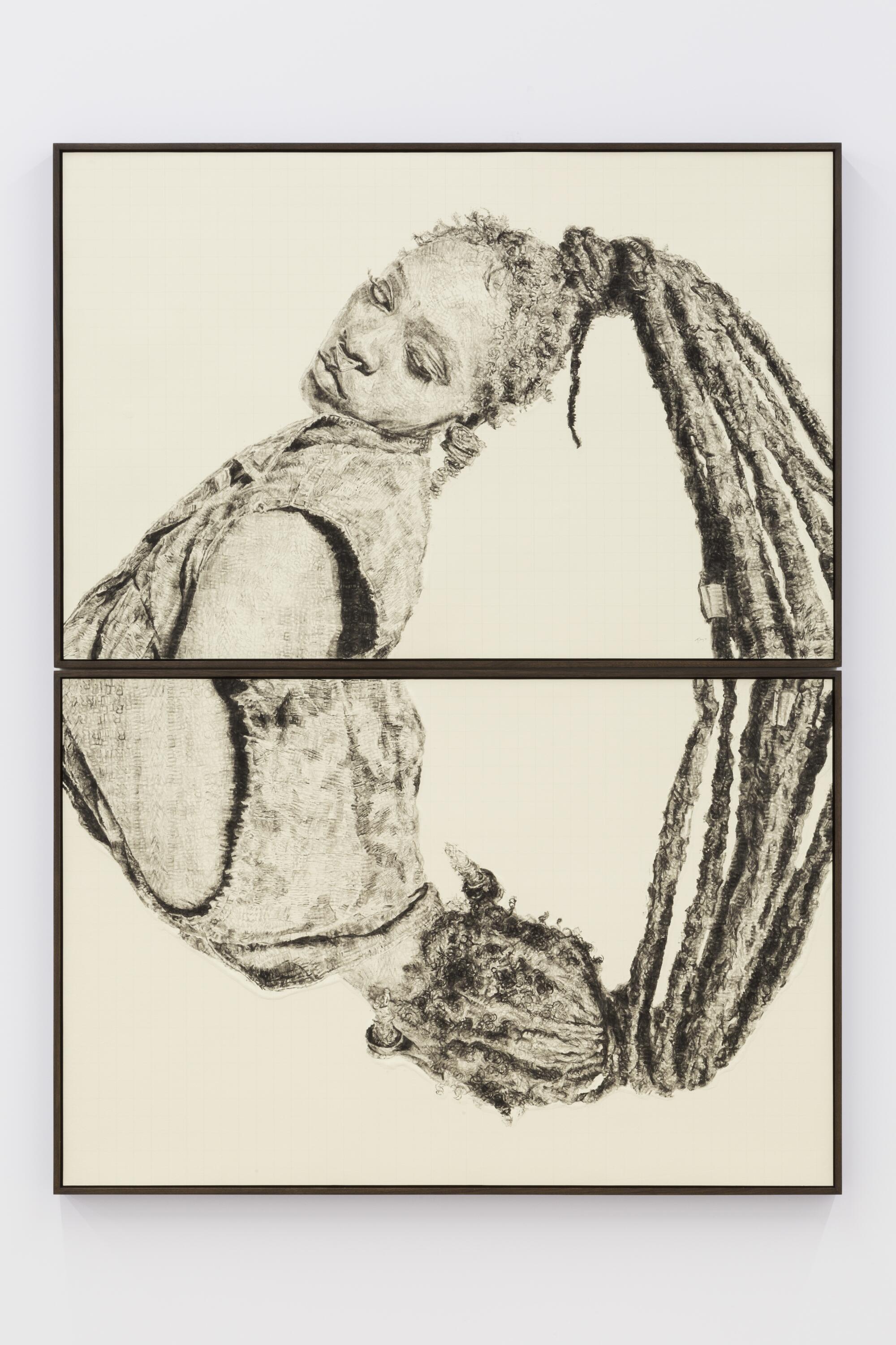 art by Kenturah Davis of two stacked panels depicting a Black woman with long locs gathered in a ponytail leaning back