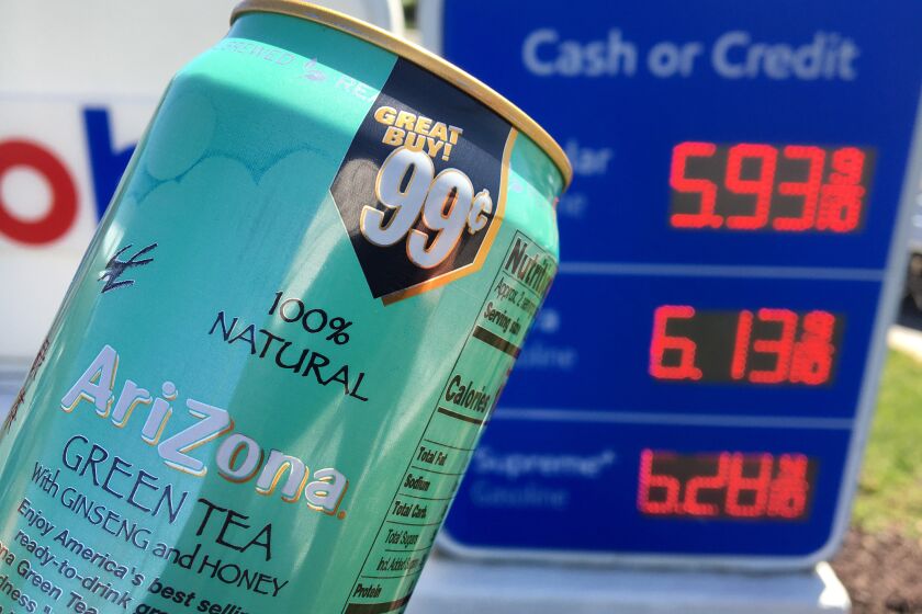 SANTA CLARITA, CA - APRIL 06: Arizona iced tea has managed to keep its big cans of beverage at 99 cents for 30 years, even as inflation has ticked up in the past six months. Photographed in Santa Clarita on Wednesday, April 6, 2022. (Myung J. Chun / Los Angeles Times)