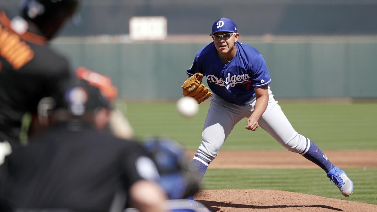 Julio Urias of the Dodgers delivers against Cameron Maybin of the San Francisco Giants in the first inning of a two-inning start Monday at spring training.