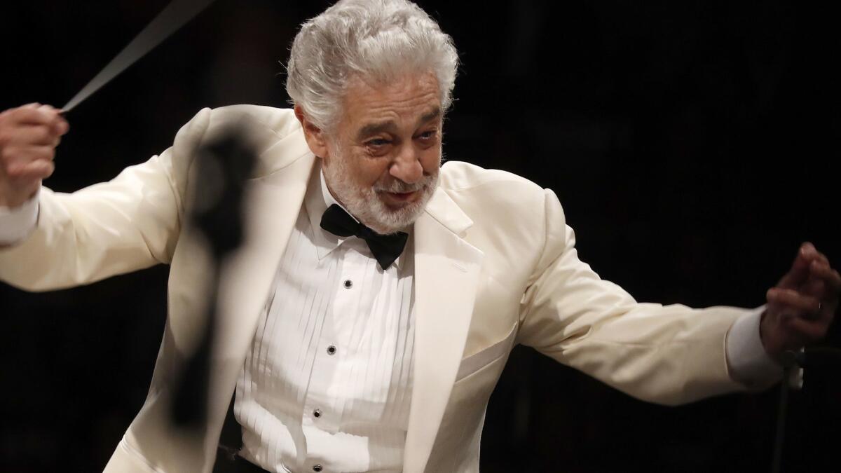 Plácido Domingo conducts music from Spain with the Los Angeles Philharmonic Orchestra at the Hollywood Bowl on Thursday night.