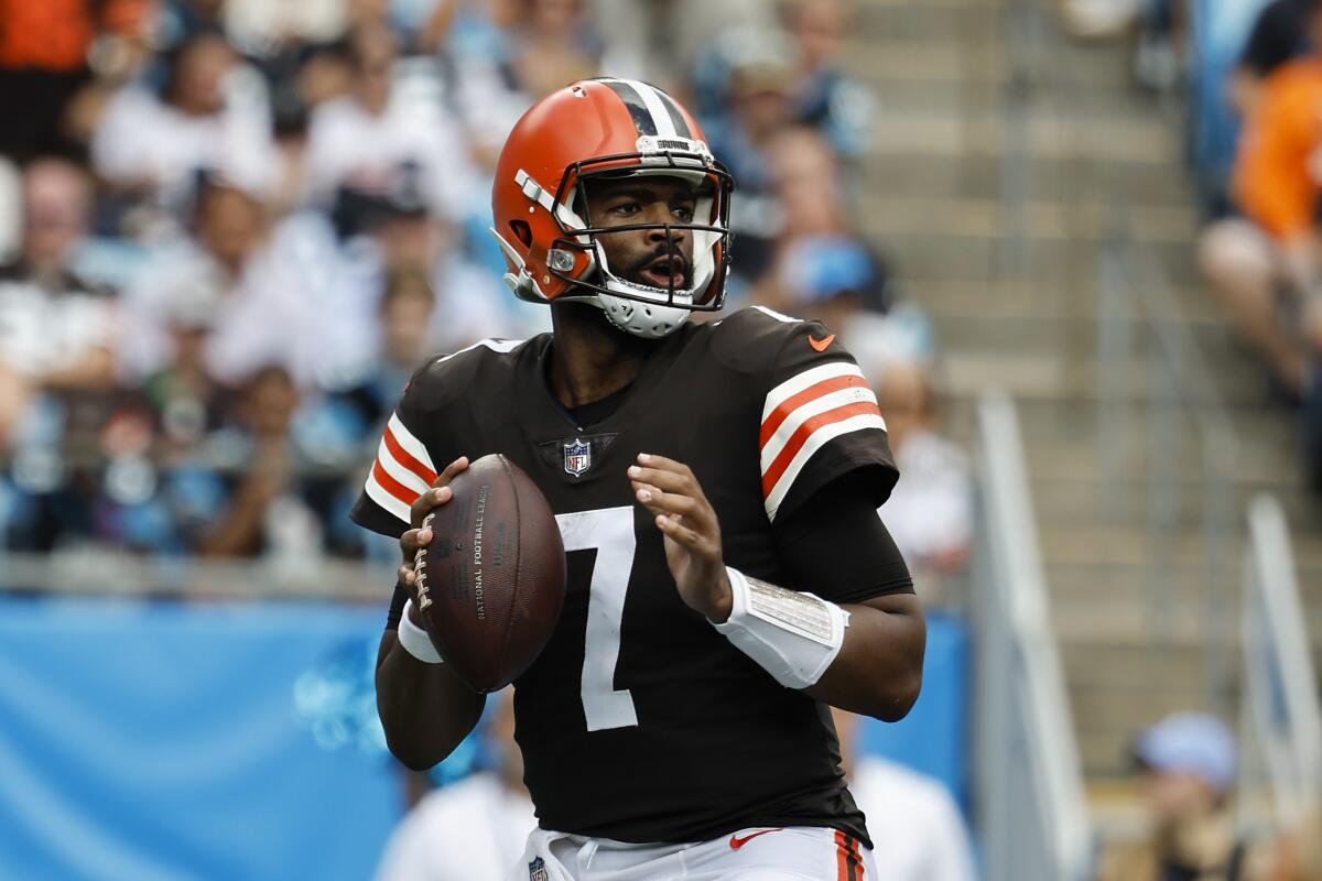 Cleveland Browns quarterback Jacoby Brissett drops back to pass against the Carolina Panthers.