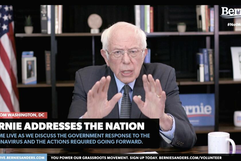 In this image from video provided by BernieSanders.com, Democratic presidential candidate Sen. Bernie Sanders, I-Vt., speaks from Washington, Tuesday, March 17, 2020. (Senate Television via AP)
