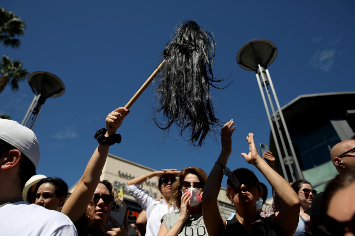 A protester holds up a wig on a stick while surrounded by other people