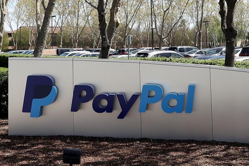 SAN JOSE, CA - APRIL 09: A sign is posted outside of the PayPal headquarters on April 9, 2018 in San Jose, California. PayPal is looking to offer basic banking services including Federal Deposit Insurance Corp. insurance for customer balances, a debit card and direct-deposit. (Photo by Justin Sullivan/Getty Images) ** OUTS - ELSENT, FPG, CM - OUTS * NM, PH, VA if sourced by CT, LA or MoD **