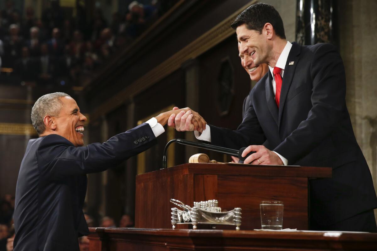 President Obama and Speaker Paul D. Ryan, shaking hands after last month's State of the Union address, met Tuesday for lunch at the White House.