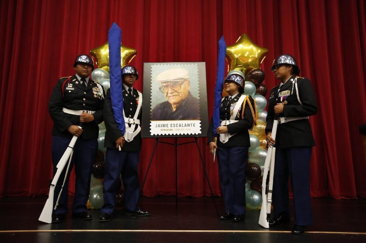 JROTC of Garfield High School joins dedication ceremony Saturday unveiling a new stamp honoring the late teacher Jaime Escalante.