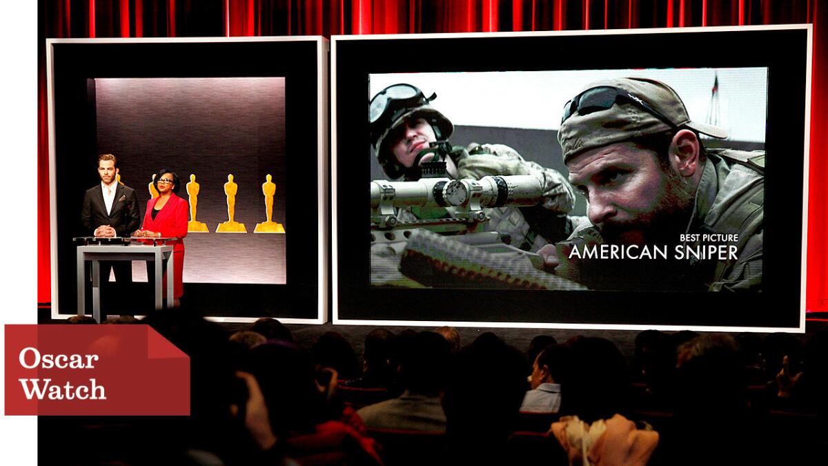 Actor Chris Pine and Academy of Motion Picture Arts and Sciences President Cheryl Boone Isaacs announce best picture nominee "American Sniper" Jan. 15 in Beverly Hills.