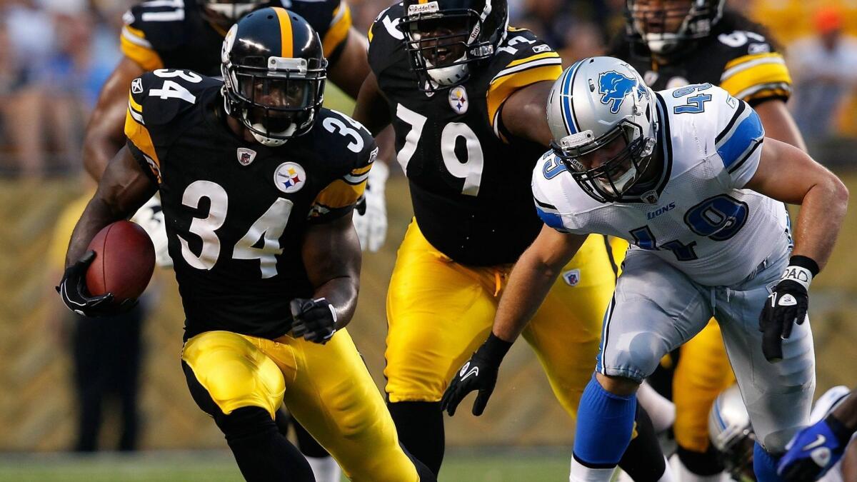 Steelers running back Rashard Mendenhall runs past Detroit's Zach Follet during a preseason game Aug. 14, 2010, at Heinz Field.