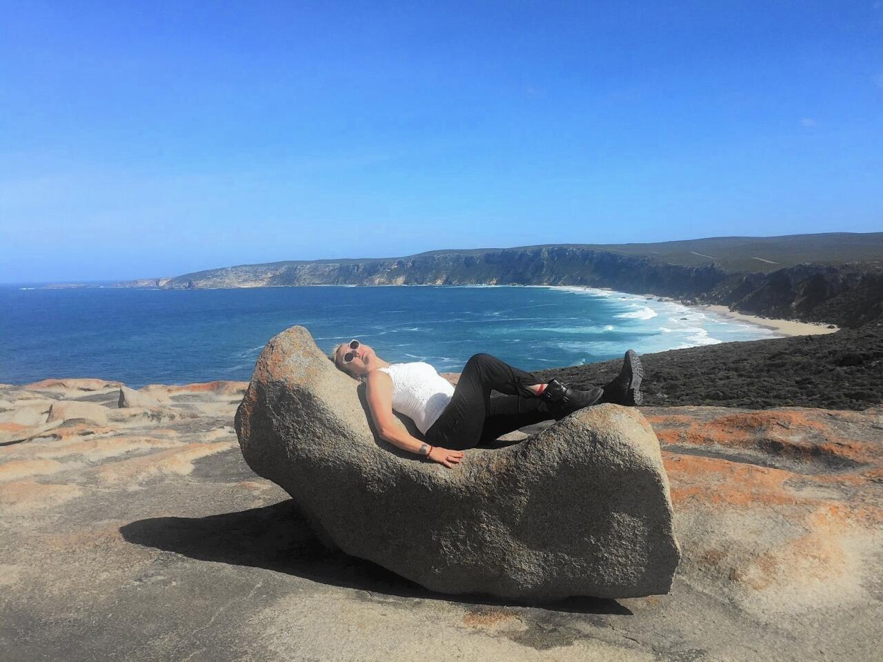 Writer Becca Hensley takes a break from the day's hike on Kangaroo Island.