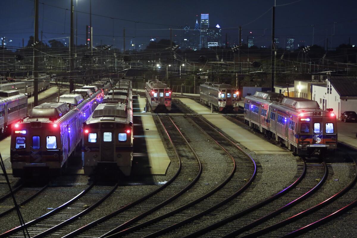 Commuter rail trains sit parked at the Roberts Avenue rail yard in Philadelphia on Saturday after members of the Brotherhood of Locomotive Engineers and Trainmen union went on strike at 12:01 a.m. Saturday.