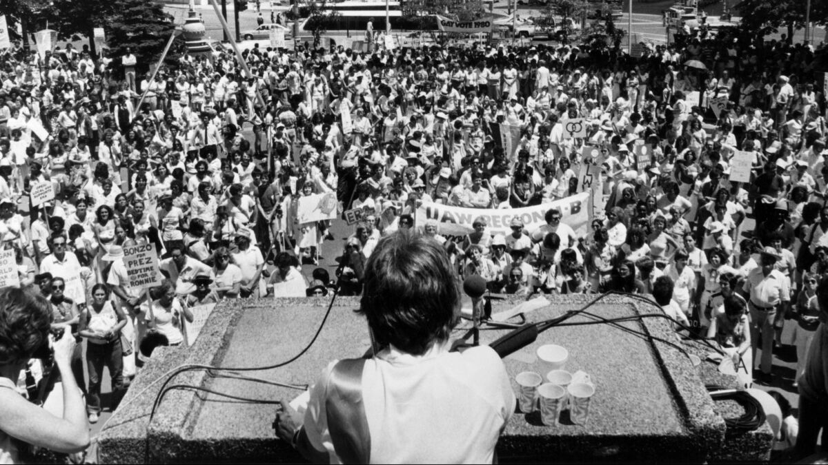 Eleanor Smeal addresses an Equal Rights Amendment rally in Detroit as the president of NOW in 1980.