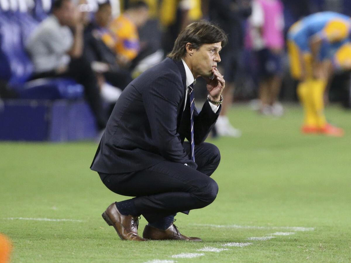 Chivas de Guadalajara head coach Matias Almeyda watches during play against Tigres UANL in the second half of a Champion of Champions (Campeon de Campeones) soccer match in Carson, Calif., Sunday, July 16, 2017. The Tigres won, 1-0. (AP Photo/Reed Saxon)