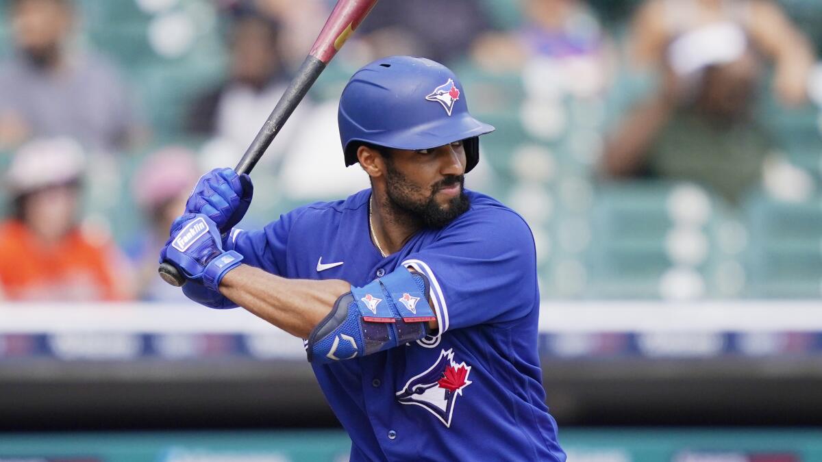 Toronto Blue Jays' Marcus Semien bats during a baseball game in Detroit