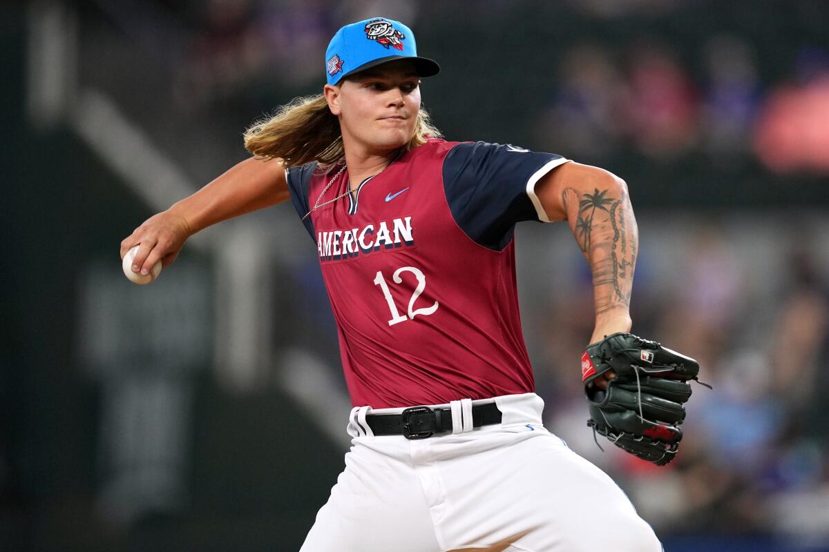 Angels prospect Caden Dana delivers during the All-Star Futures Game at Globe Life Field.