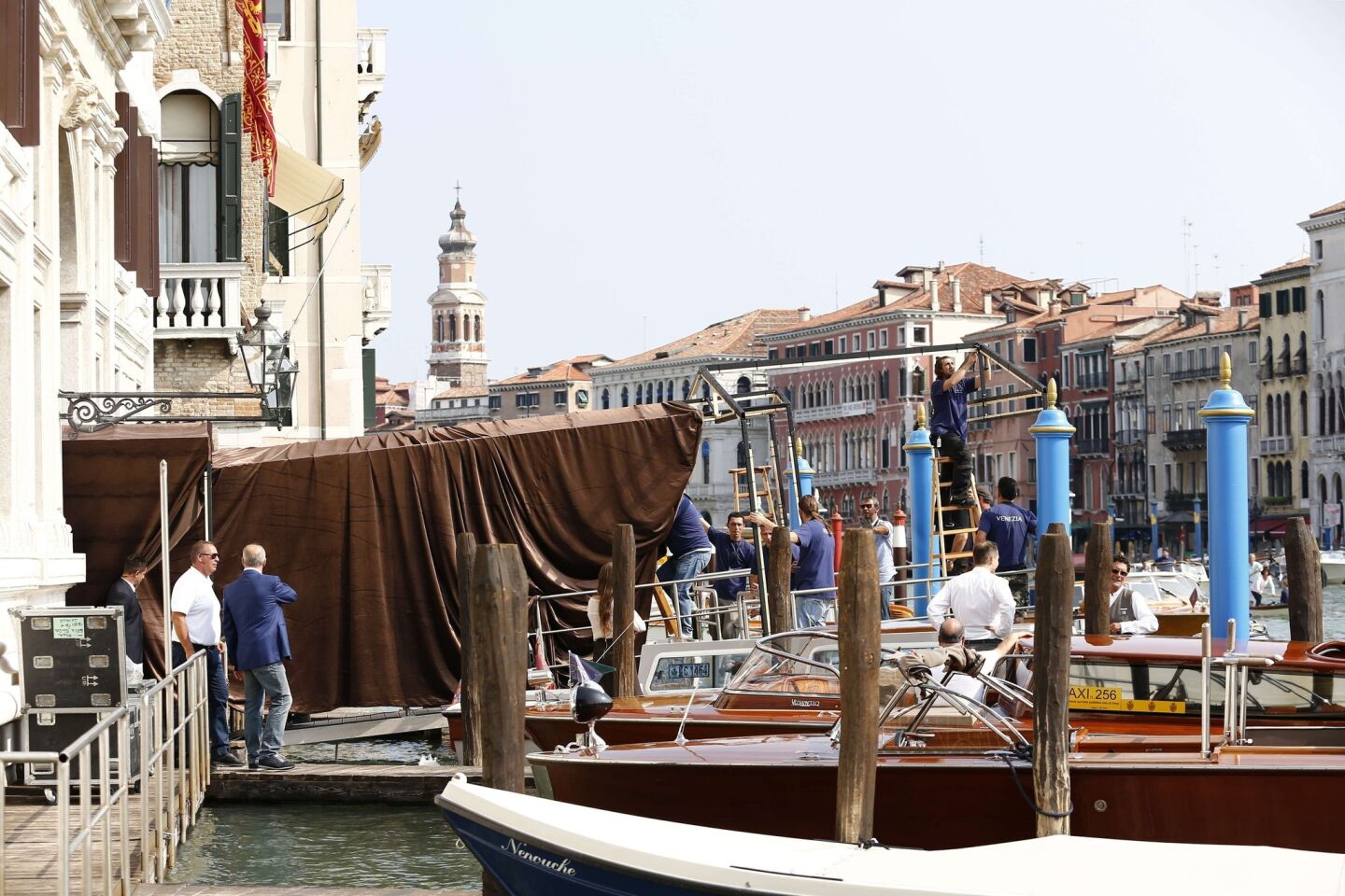 A tent is set up at the main entrance to the Palazzo Papadopoli at the Aman Canal Grande in Venice ahead of the Clooney-Alamuddin wedding Saturday.