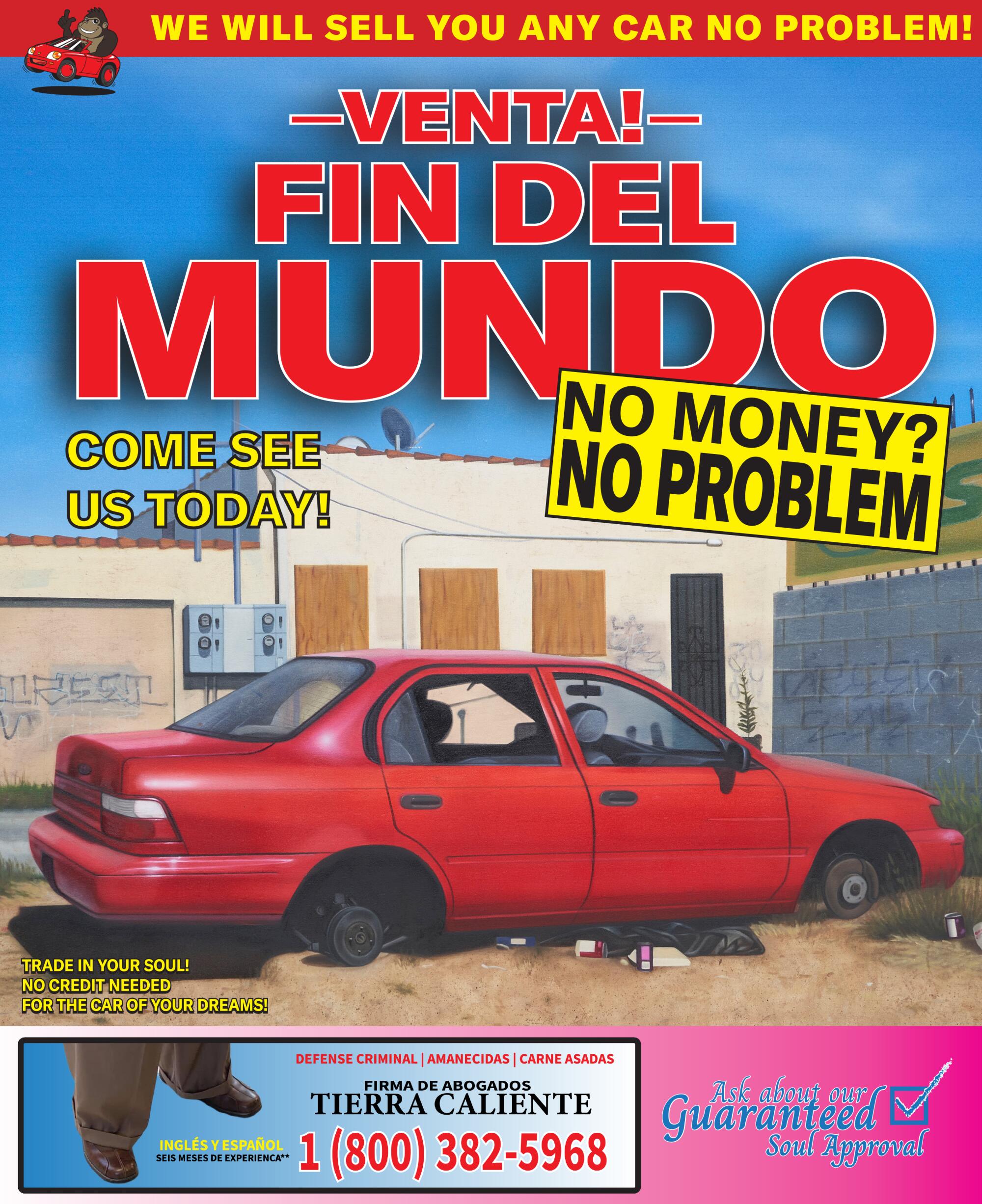 An advertisement for selling "fin del mundo," featuring a red car.