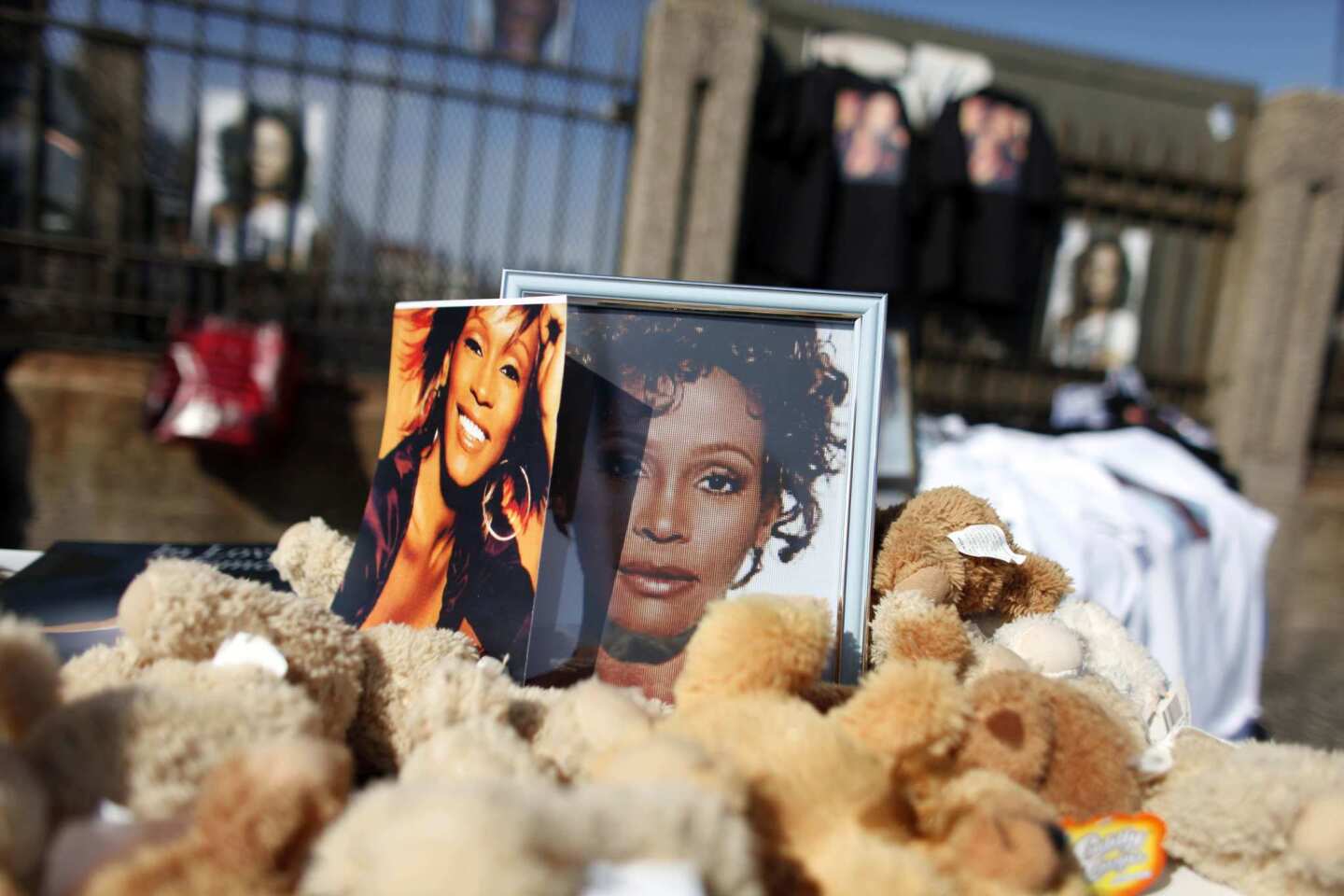 Merchandise is sold near the Newark, N.J., church where the funeral for Whitney Houston was being held. Houston died Feb. 11 in Beverly Hills.