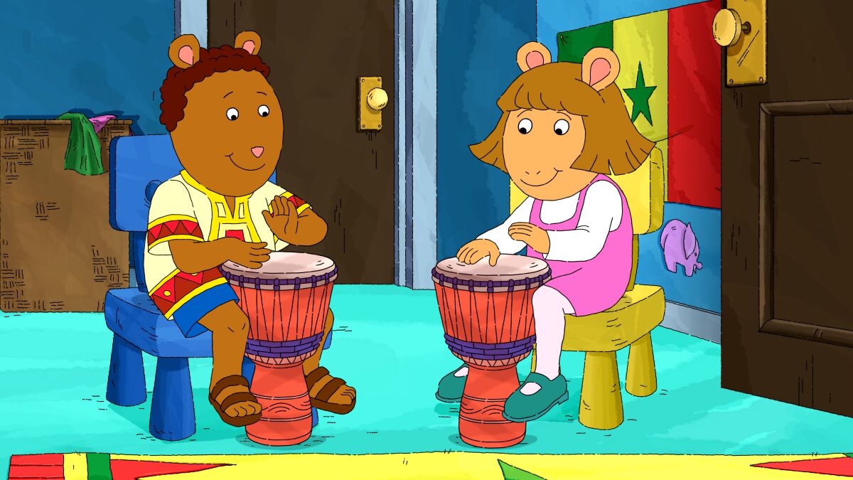 Two animated aardvark children play drums in the PBS Kids program "Arthur."