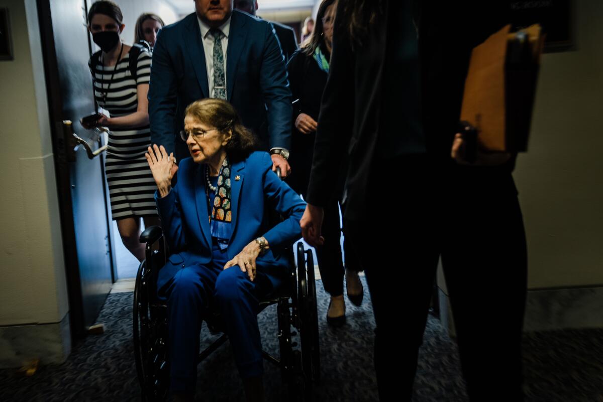 Sen. Dianne Feinstein departs a Senate Judiciary Committee Hearing on May 11.