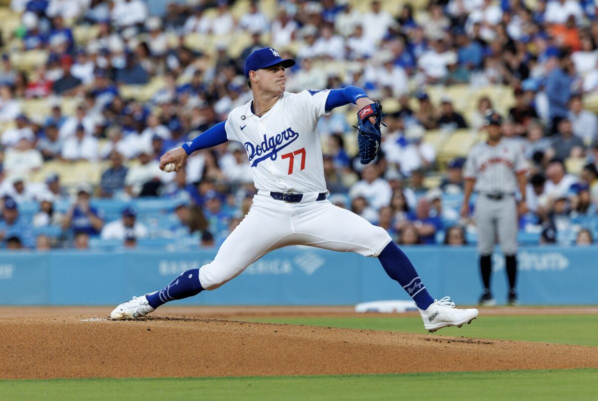 Dodgers starting pitcher River Ryan delivers the ball during the first inning of a 3-2 win over the Giants