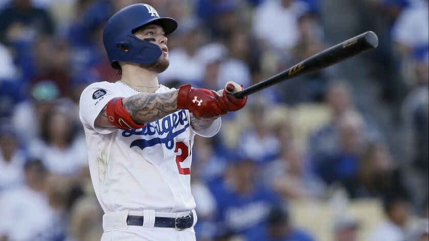 Dodgers outfielder Alex Verdugo watches his solo home run against the Cubs during the fourth inning Saturday.