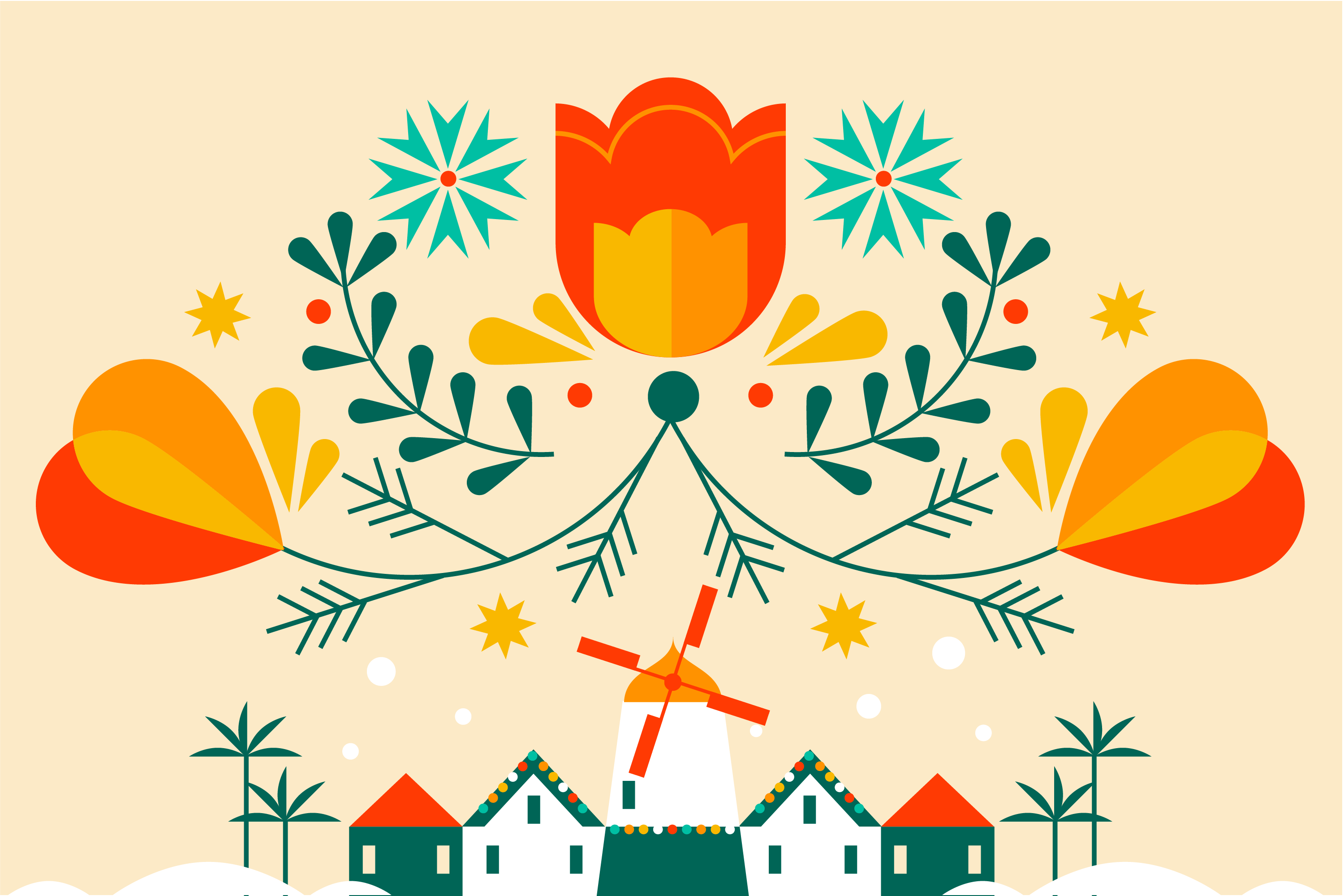 Illustration of a Scandinavian floral motif with California poppies over the town of Solvang, California.