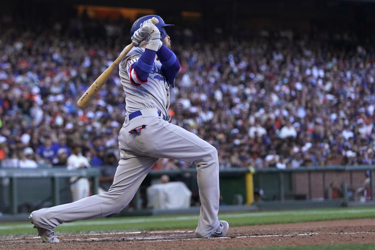 The Dodgers' Cody Bellinger watches his ground-rule, RBI double during the eighth inning June 11, 2022. 