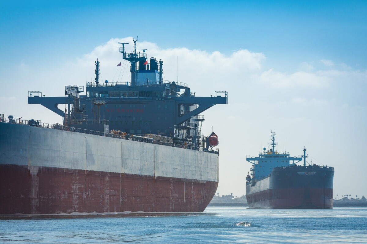 Ships anchored off the Port of Long Beach.