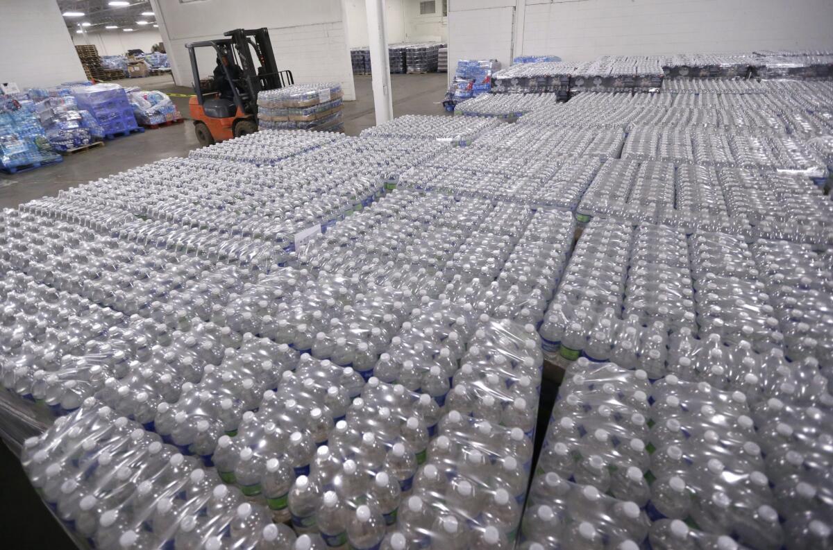 A Flint warehouse stores bottled water to be distributed to residents.