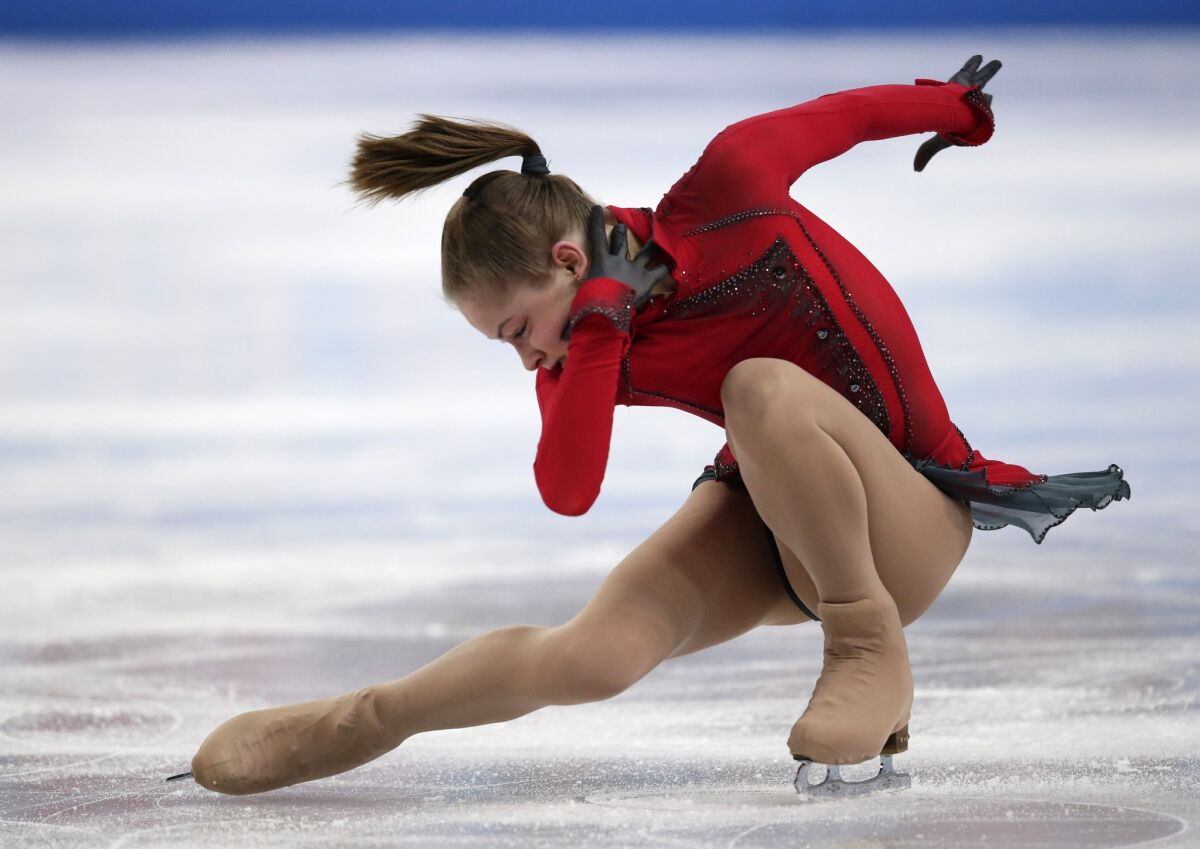 Yulia Lipnitskaia of Russia competes in the women's team free skate figure skating competition at the Iceberg Skating Palace. She was pleased with the surface, saying, "It's easy to skate, easy to push off."