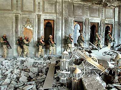 Army soldiers search a presidential palace in Baghdad that was heavily damaged by Air Force bombing.