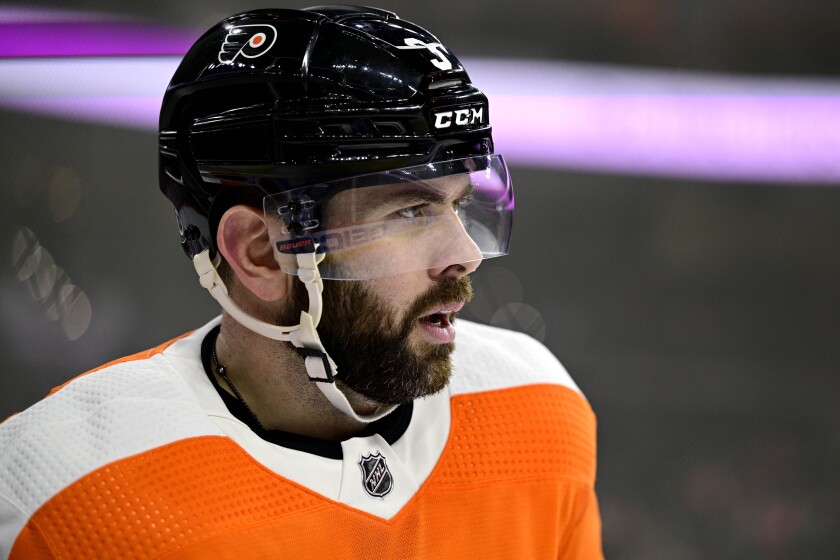 Philadelphia Flyers' Keith Yandle looks on during a stoppage in the third period of an NHL hockey game against the Dallas Stars, Monday, Jan. 24, 2022, in Philadelphia. (AP Photo/Derik Hamilton)