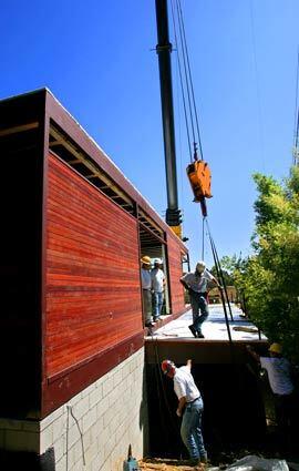 In the fall, workers installed the factory-built modules of a Ray Kappe-designed LivingHomes prefab in Brentwood.