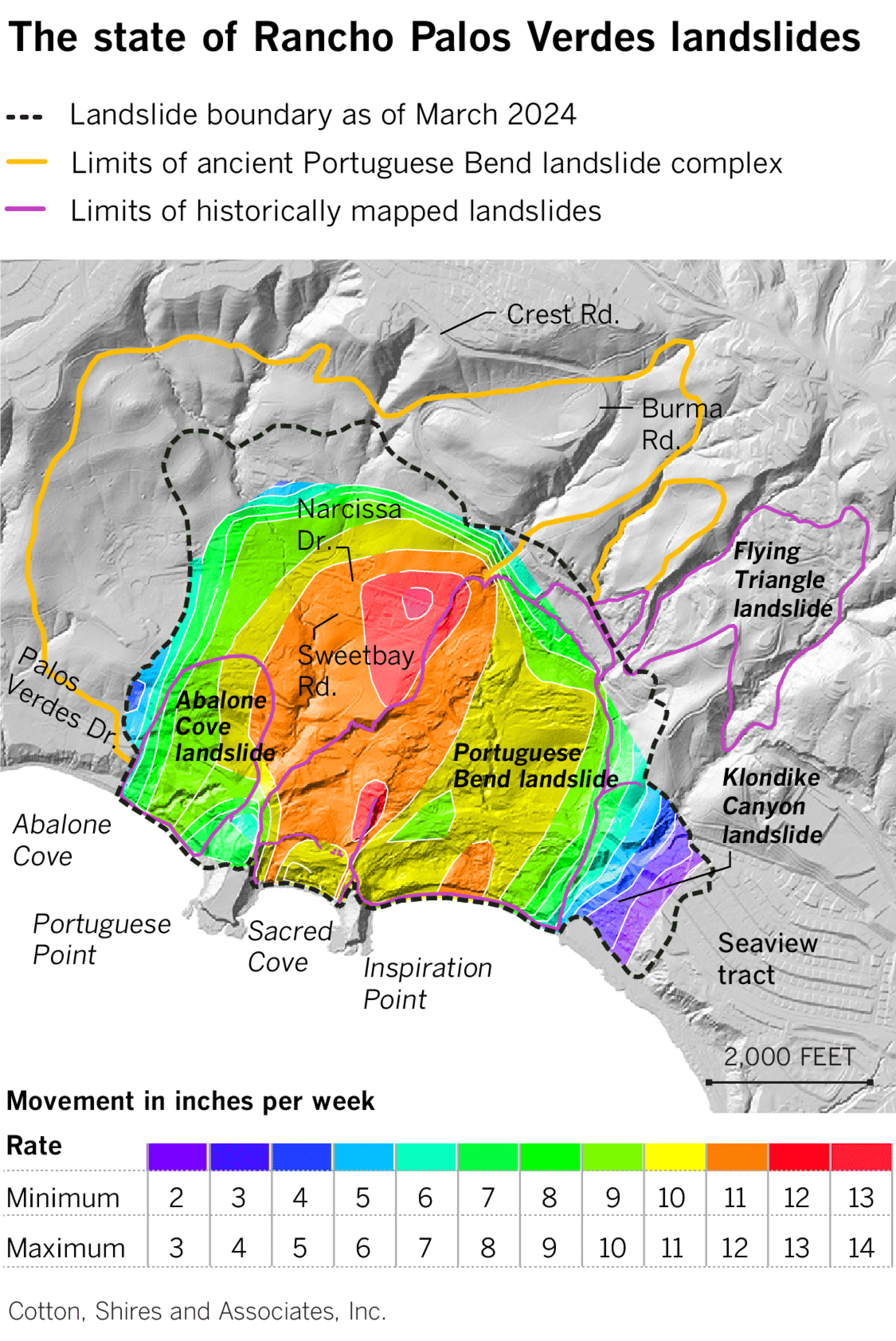 Map of Rancho Palos Verdes showing the landslide boundary as of March 2024.