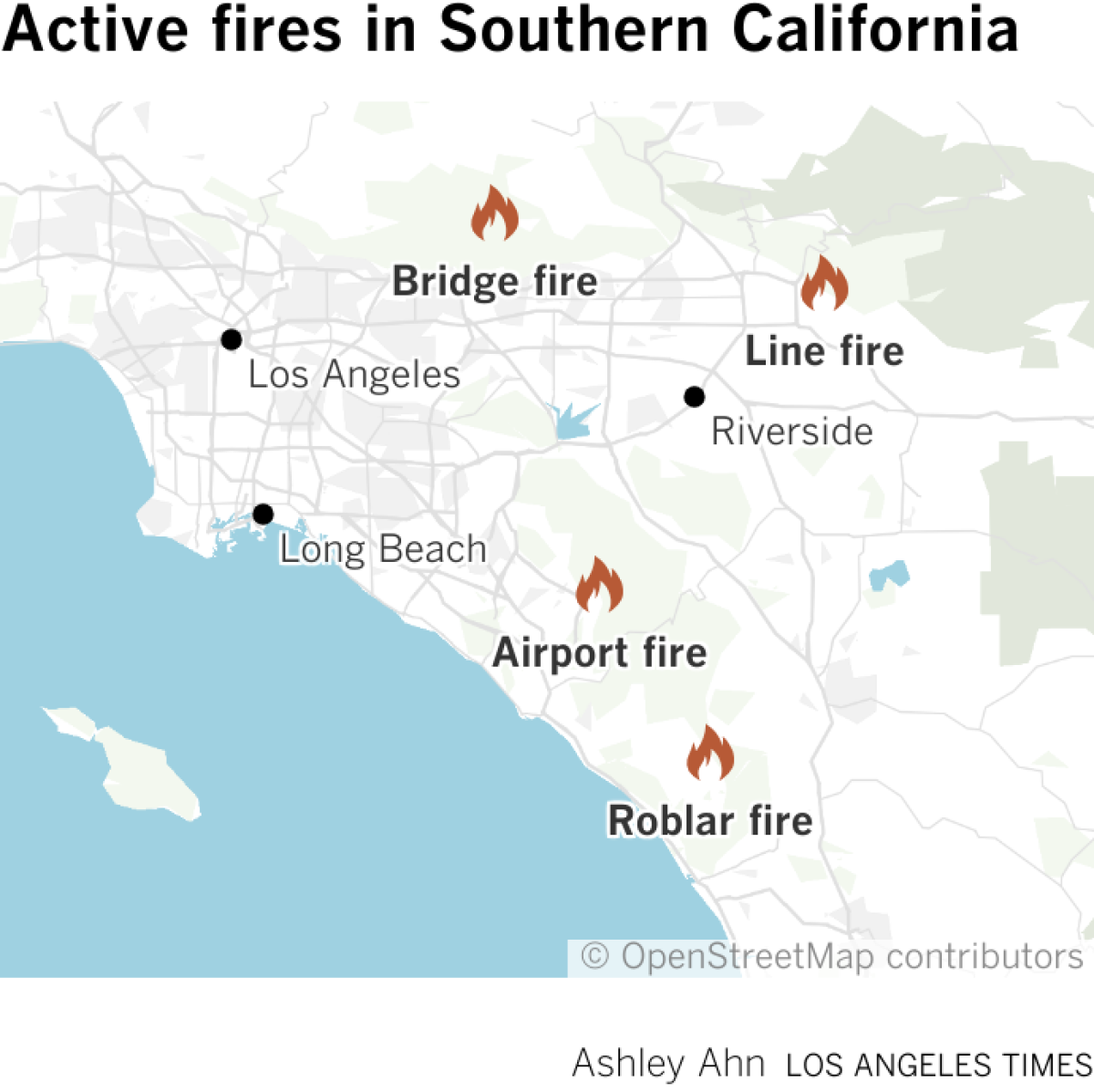 Fires burning across Southern California:
1. Bridge fire in the Angeles National Forest 
2. Line fire in San Bernardino County
3. Airport fire in the Trabuco Canyon
4. Roblar fire at Camp Pendleton