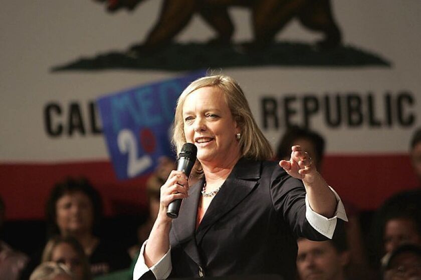 Meg Whitman, appearing in Escondido on Saturday, has a wide lead over Steve Poizner in the polls in the contest for the Republican gubernatorial nomination.