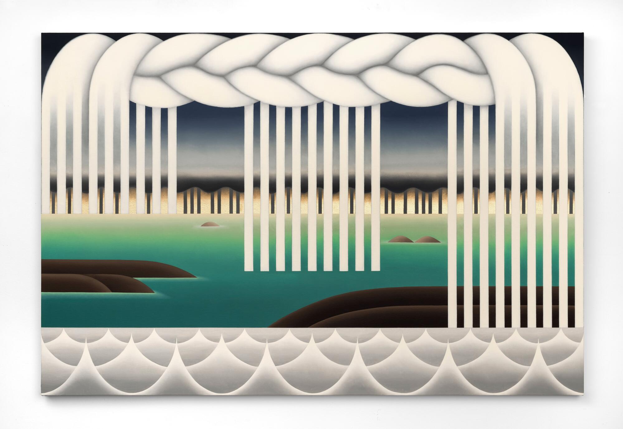 山古奇高山 "游行," 2024,屏幕上的油和金属板,101.6×152.4 cm 40×60×601010)