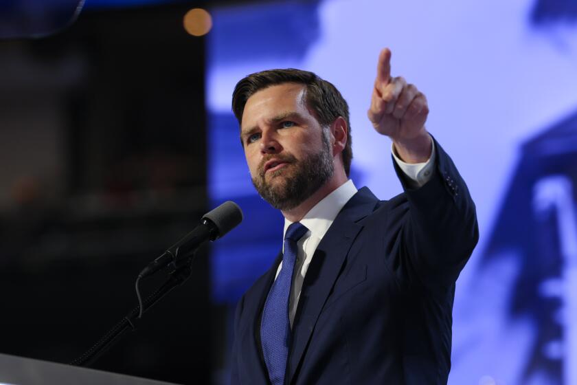 Milwaukee, Wisconsin, Wednesday, July 17, 2024 - Vice Presidential candidate J.D. Vance on stage during day three of the Republican National Convention at Fiserv Forum. (Robert Gauthier/Los Angeles Times)