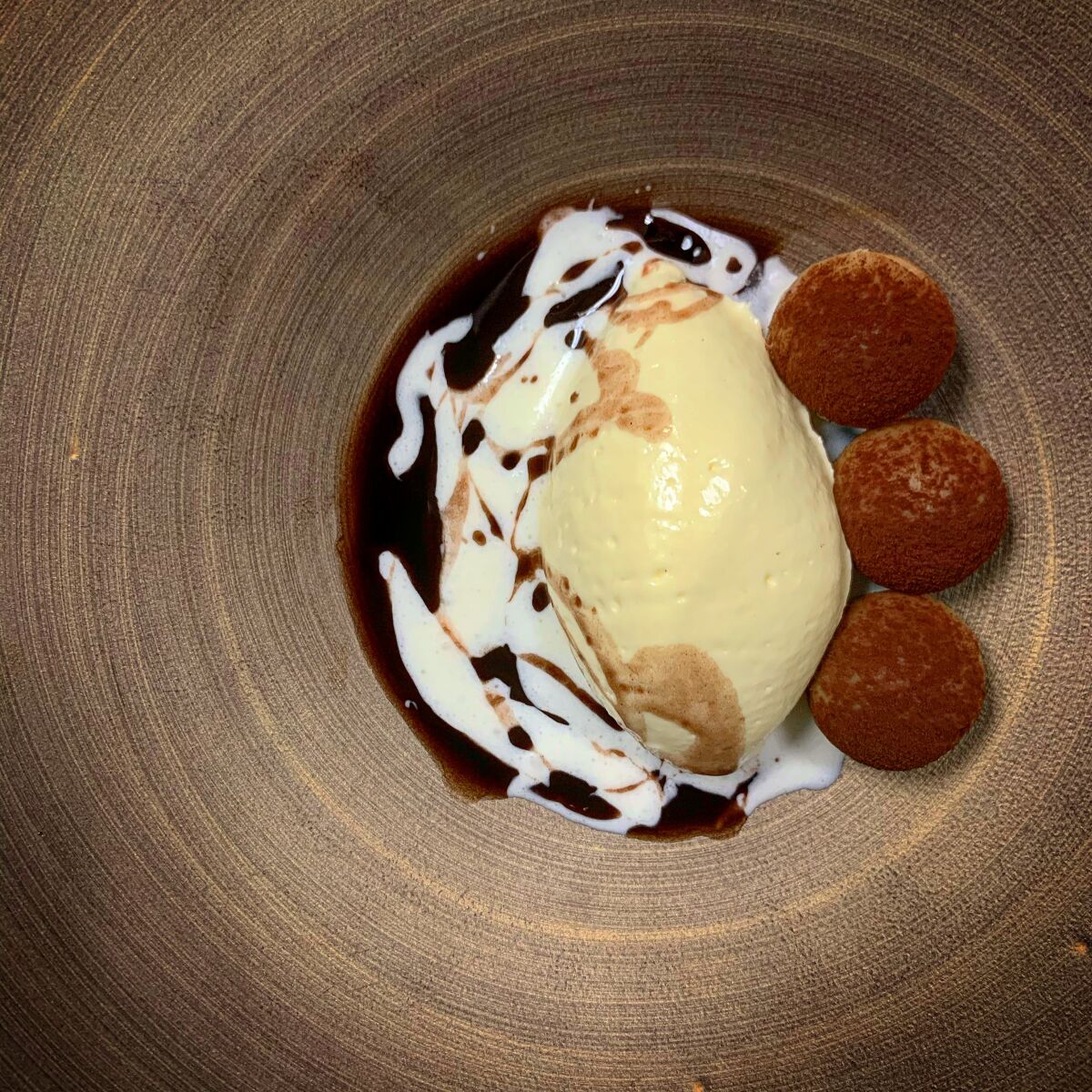 White chocolate, kokuto (Japanese brown sugar) mochi and sesame oil dessert at Matsu Restaurant in Oceanside.