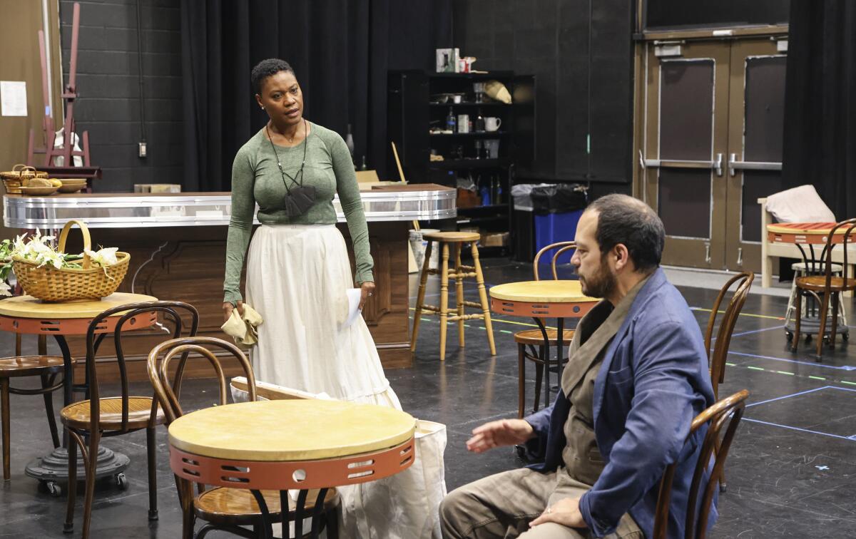 Deidrie Henry, left, and Paco Tolson rehearse a scene from "to the yellow house" at La Jolla Playhouse.