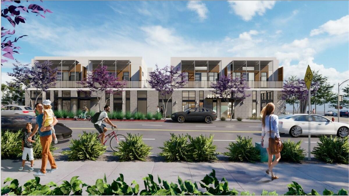 The mixed-use project proposed by La Jolla developer David Bourne for the former 76 gas station at 801 Pearl St. features 26 apartments, two retail spaces and 21 internal parking spaces, pictured in this architect’s rendering.