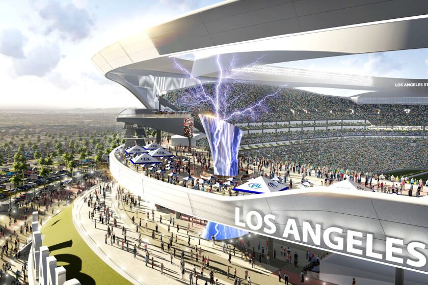 A new rendering of the proposed stadium in Carson shows a 120-foot-tall tower with a cauldron. When the Chargers score, lightning bolts will flash around the cauldron. A flame will burn in the cauldron in honor of legendary team owner Al Davis during Raiders games.