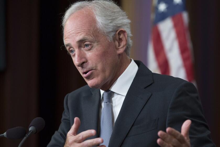 Mandatory Credit: Photo by MICHAEL REYNOLDS/EPA-EFE/REX/Shutterstock (9123320c) Bob Corker Bob Corker Donlad Trump ill tempered exchanges, Washington, USA - 14 Sep 2017 (FILE) - Senate Foreign Relations Committee Chairman Republican Bob Corker speaks during a news conference on efforts to end modern slavery, on Capitol Hill in Washington, DC, USA, 14 September 2017, (reissued 08 October 2017). Media reports state on 08 October 2017 that US President Donald J.Trump has tweeted Foreign Relations Committee head Bob Corker was a 'negative voice" and "largely responsible for the horrendous Iran Deal'. Bob Corker responded with the White House had become an 'adult day care centre'. ** Usable by LA, CT and MoD ONLY **