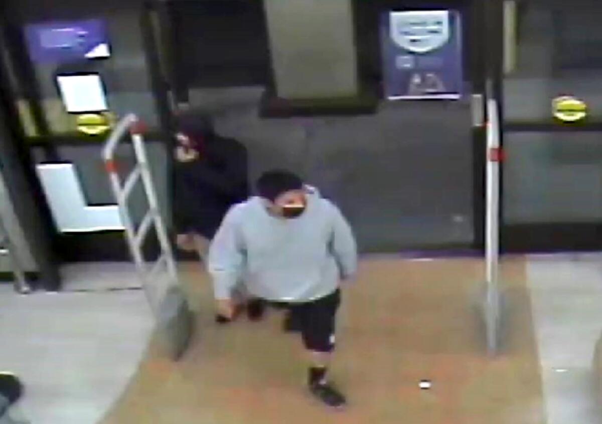 Two men are seen on a security camera at a store.