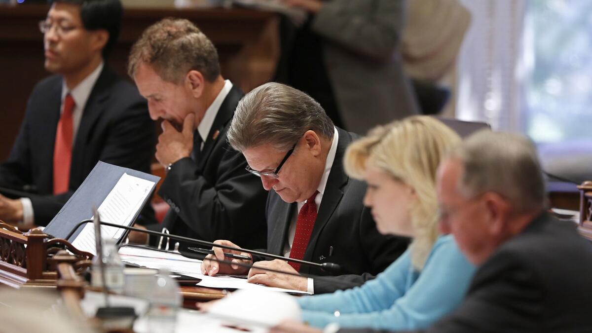 Democratic state Sens. Richard Pan of Sacramento, left, Bob Wieckowski of Fremont, Bob Hertzberg of Van Nuys, Cathleen Galgiani of Stockton and Richard Roth of Riverside.