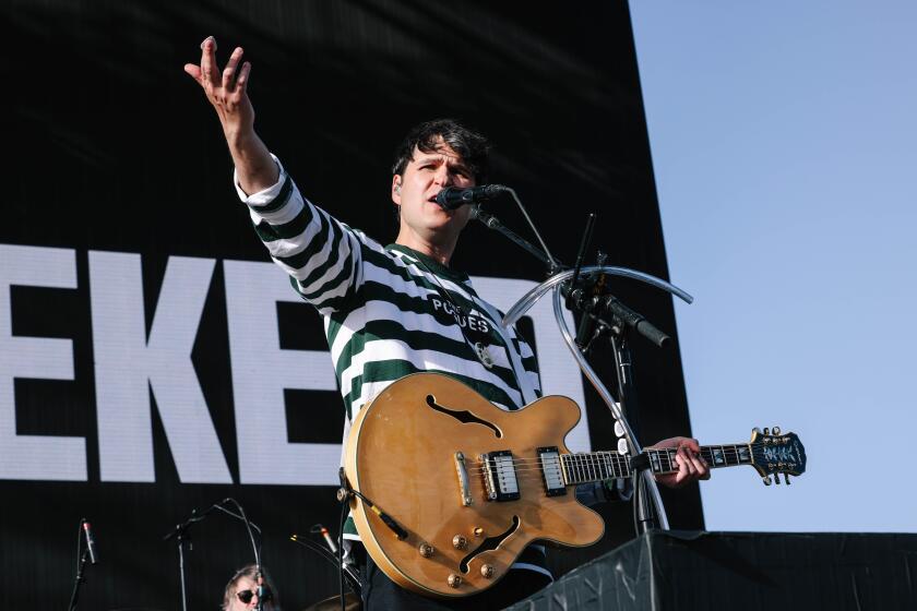 Indio, CA - April 13: Vampire Weekend performs during the Coachella Valley Music and Arts Festival on Saturday, April 13, 2024 in Indio, CA. (Dania Maxwell / Los Angeles Times)