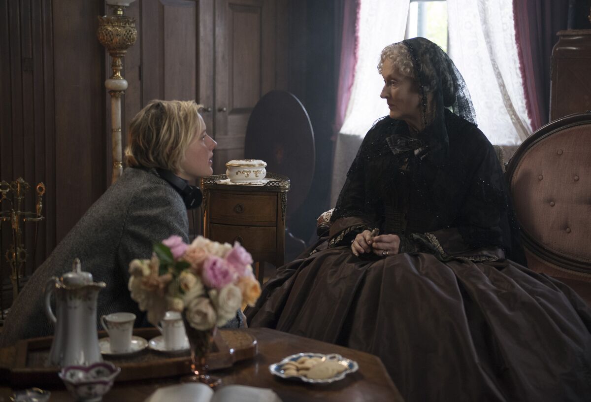 Writer-director Greta Gerwig (left) is shown with actress Meryl Streep on the set of "Little Women." Gerwig's 2019 film was nominated for six Academy Awards, but Gerwig was not nominated for best director.