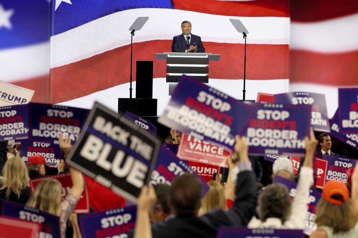 A man speaks at a lectern to a crowd holding signs, with a large U.S. flag as the backdrop 