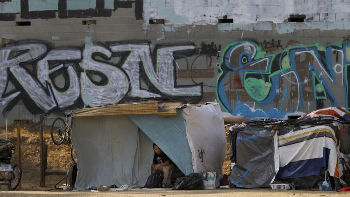 A man peeks out of a tent near the corner of South Hobart and 7th Street in the Koreatown neighborhood of Los Angeles.