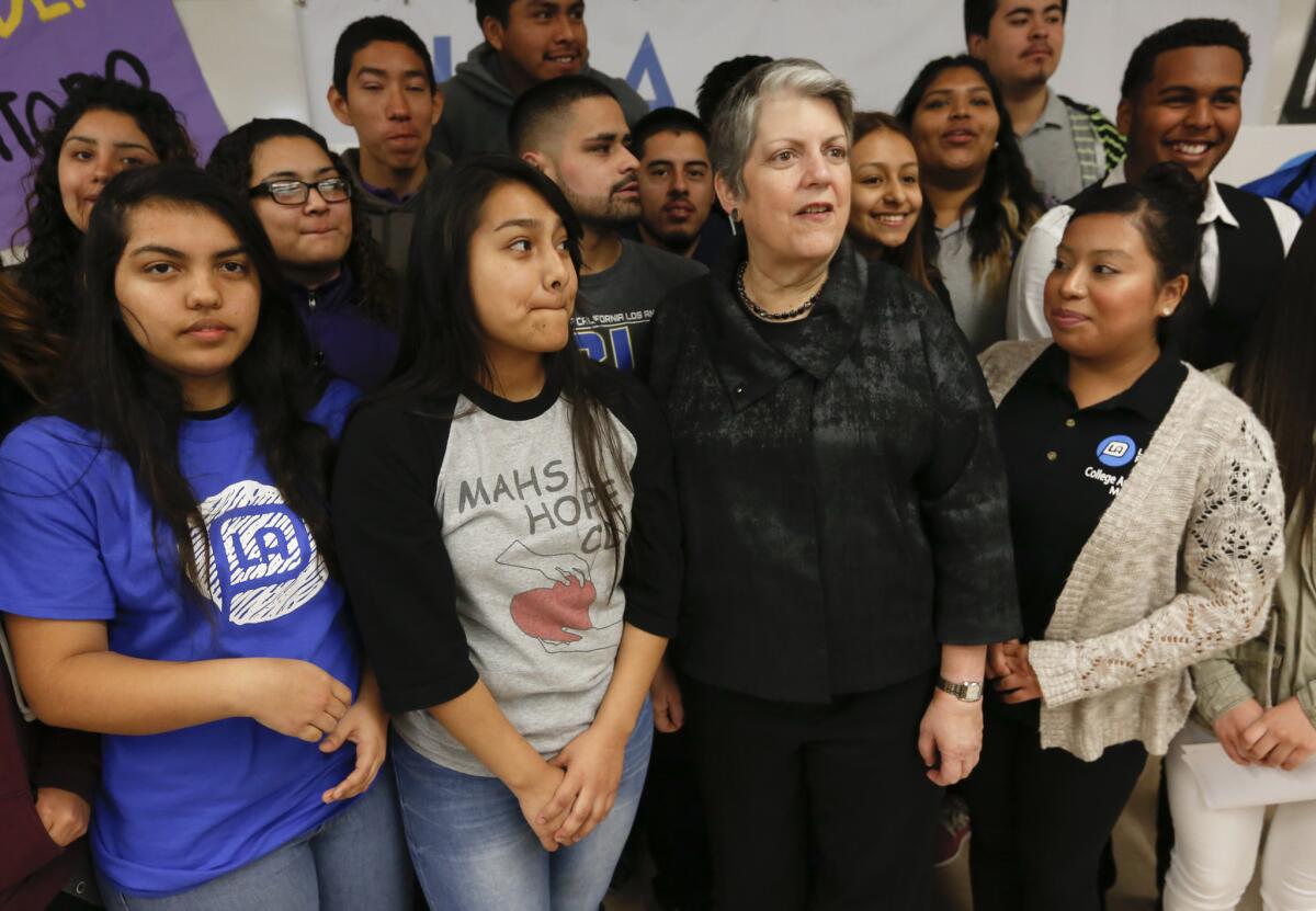 UC President Janet Napolitano, center, actively recruits students of color, but a study found an urgent need to diversify campus leaders.